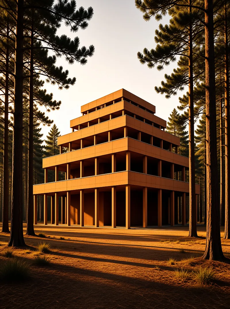 A tiered building with open colonnades stands surrounded by tall pine trees illuminated by warm golden sunlight.