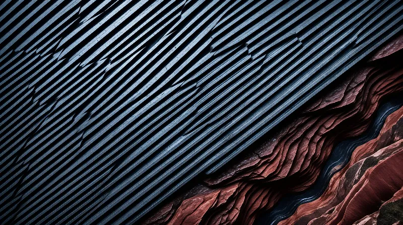 Cool blue parallel structures overlay warm reddish brown earth formations in a stark diagonal composition.