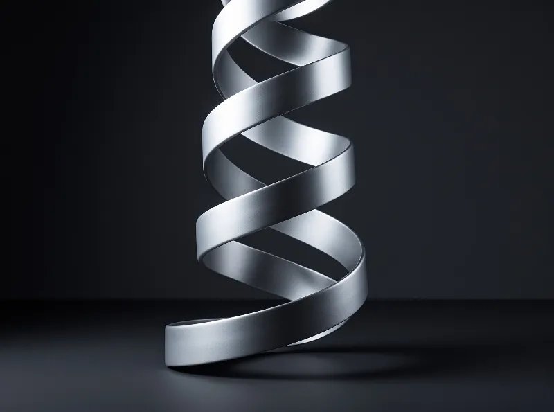 A smooth silvery twisted metal band stands upright against a solid dark matte background, lit to show its curved surface gradients.