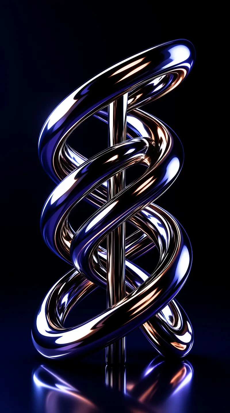 A polished metallic form spirals around a central rod while reflecting blue and orange light against a deep shadowed background.