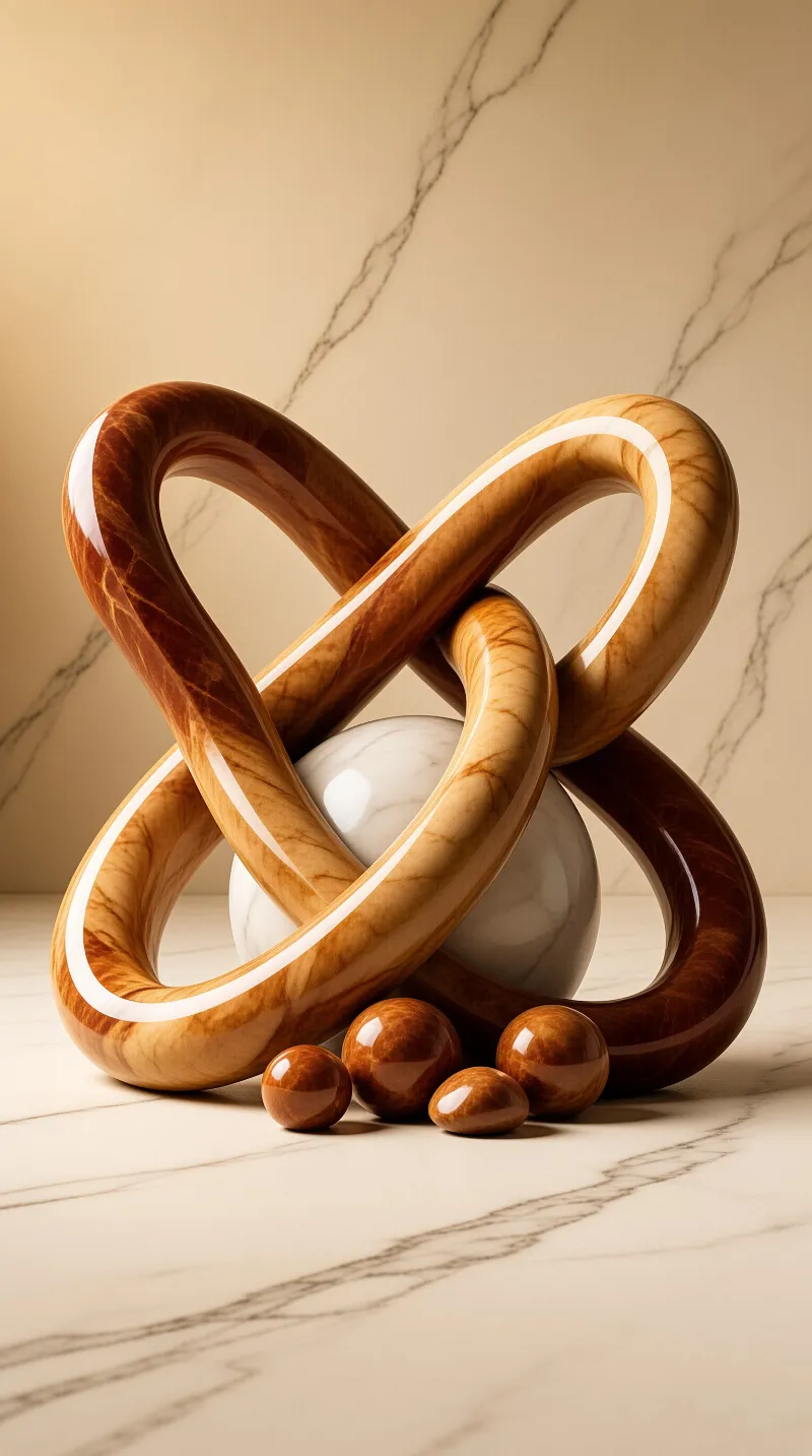 Two interlocking rings with brown marble patterns hold a white sphere on a veined marble surface