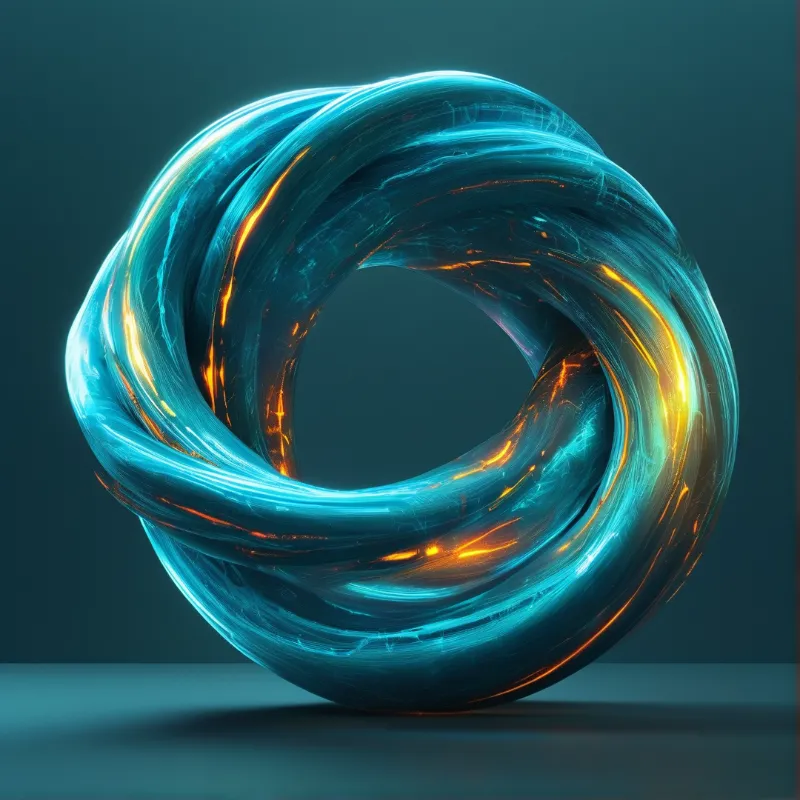 A twisted blue translucent knot floats against a dark background with bright orange light streaks visible within its folds.