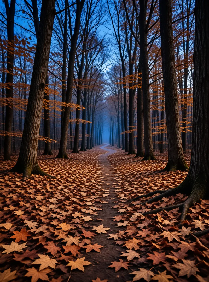 Curved dirt road passing through tall trees covered in orange autumn foliage during blue hour twilight.
