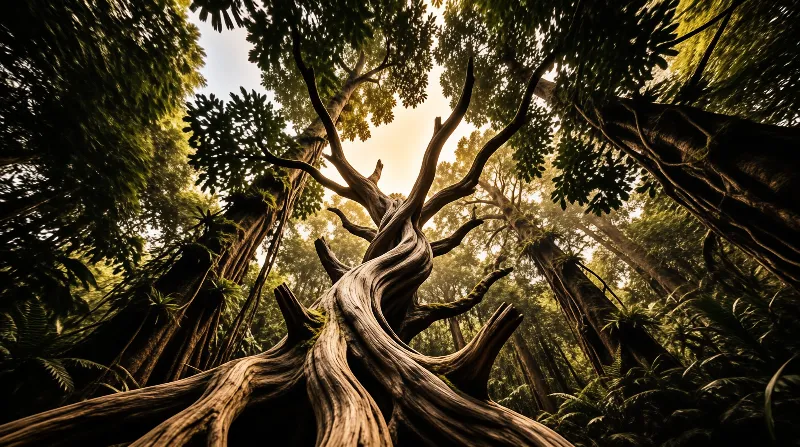 Massive gnarled wood trunks twist upward through dense green foliage bathed in warm sunlight filtering from above.