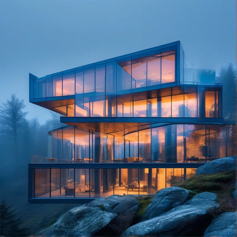 Modern Glass House in Mist