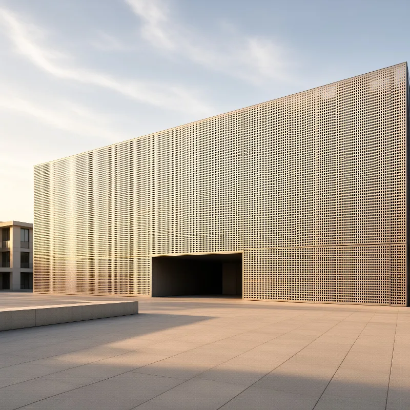 A large modern structure features a golden mesh exterior casting long shadows across an open courtyard during the evening.