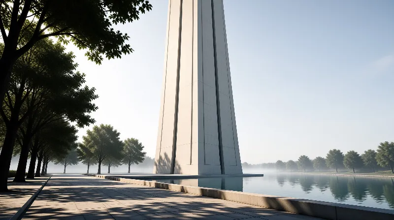 A tall smooth white monument stands at the edge of a calm reflective lake, with tree lined paths and soft morning mist framing the whole scene.