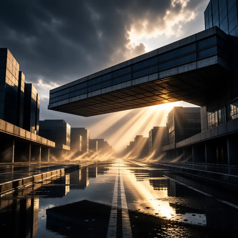 Golden sunbeams pierce through a large suspended structure above a wet and reflective futuristic urban avenue.