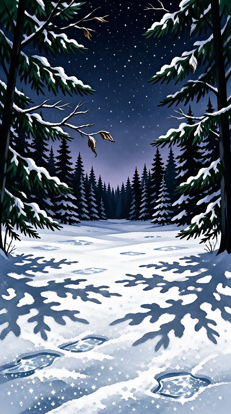 Deep blue sky full of stars arches over a snow path framed by dark evergreen branches.