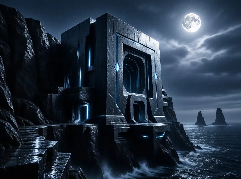 A massive dark stone building with glowing blue accents sits on a cliff edge overlooking a stormy sea under a bright full moon.