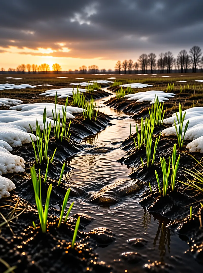 Vibrant green shoots rise from dark soil next to a winding stream with snow patches under a dramatic sunset sky.
