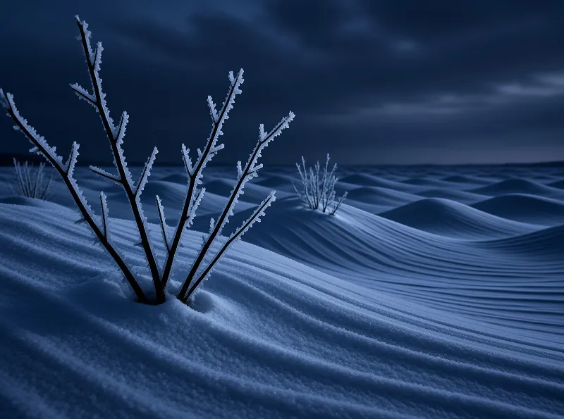 Bare tree limbs coated in white ice stand against rolling snow dunes under a moody dark blue twilight sky.