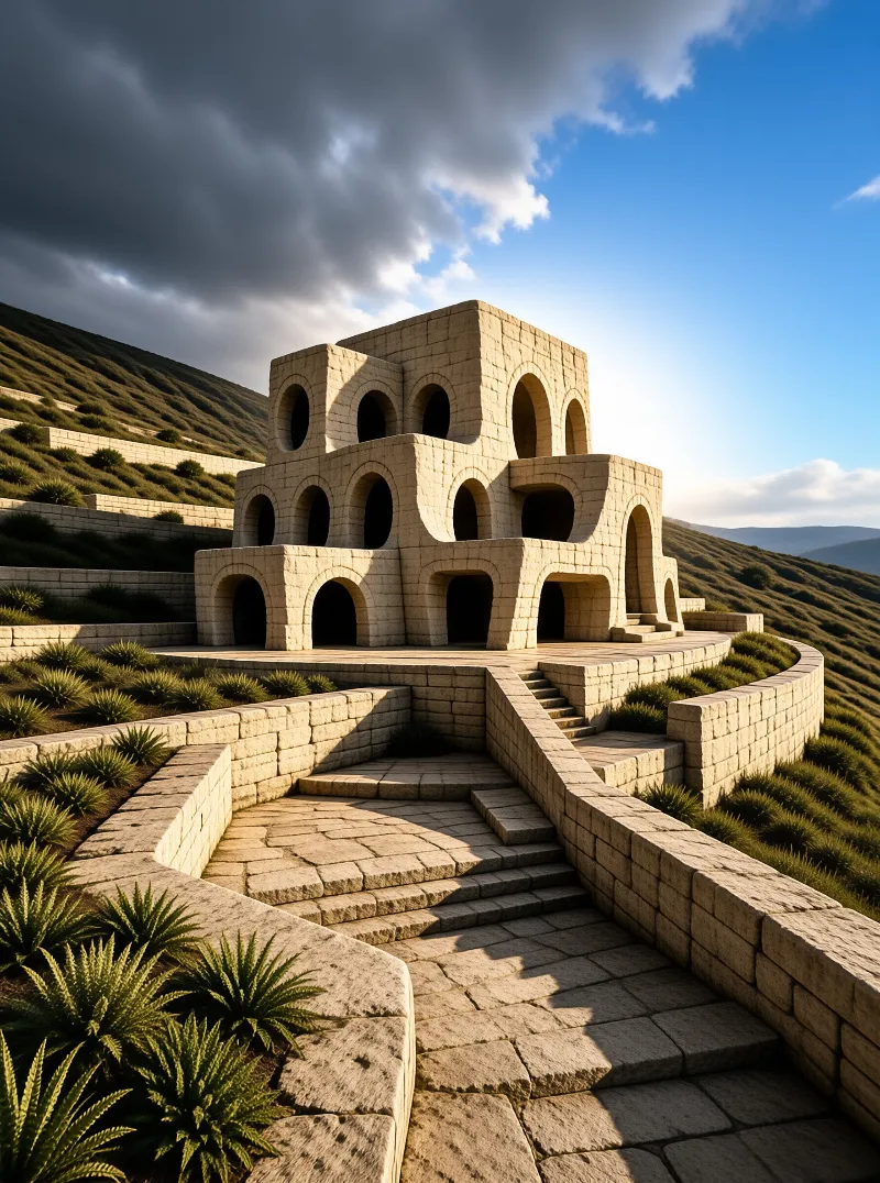 A multi-story stone structure with arched openings sits on a terraced hillside, lit by sun against a dramatic cloudy sky.