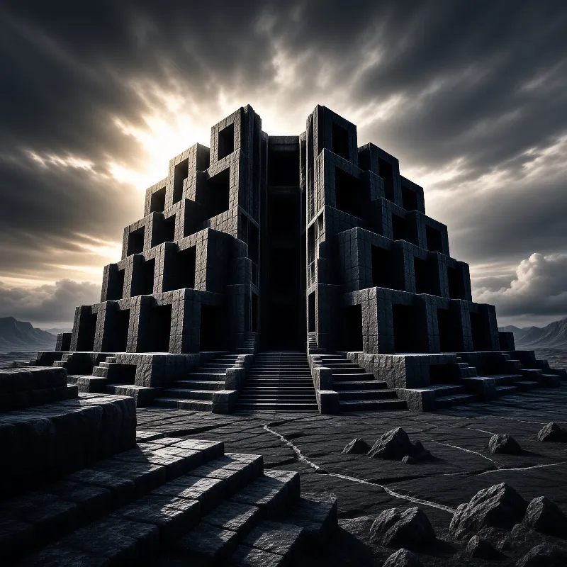 A monumental stepped stone temple rises against a dark stormy sky with sunlight breaking behind its blocky towers
