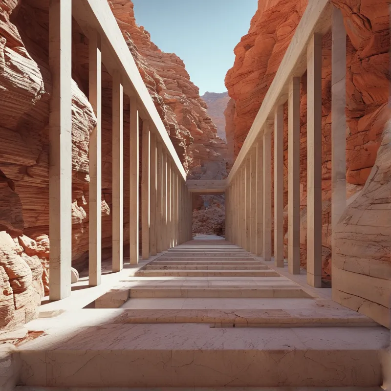 A long series of beige pillars frames a staircase ascending through a narrow red rock canyon under bright sun.