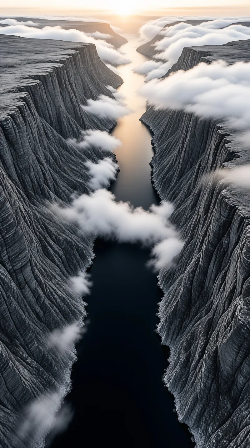 An aerial view of a narrow dark waterway flanked by sheer grey cliffs, drifting clouds and a low horizon sun.