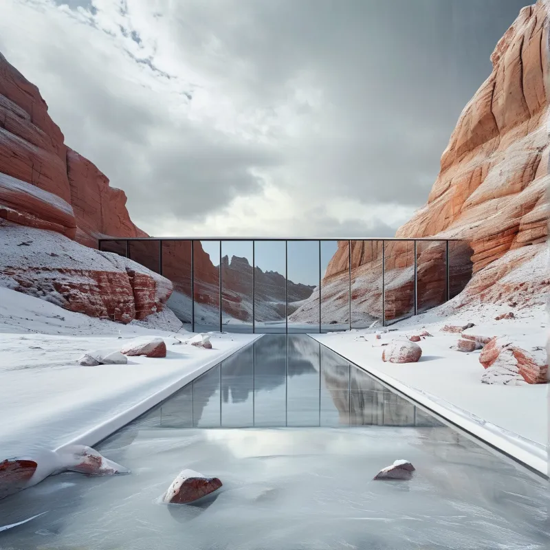 A long reflective water channel leads to a modern glass building surrounded by snow-covered red rock cliffs under a cloudy sky.