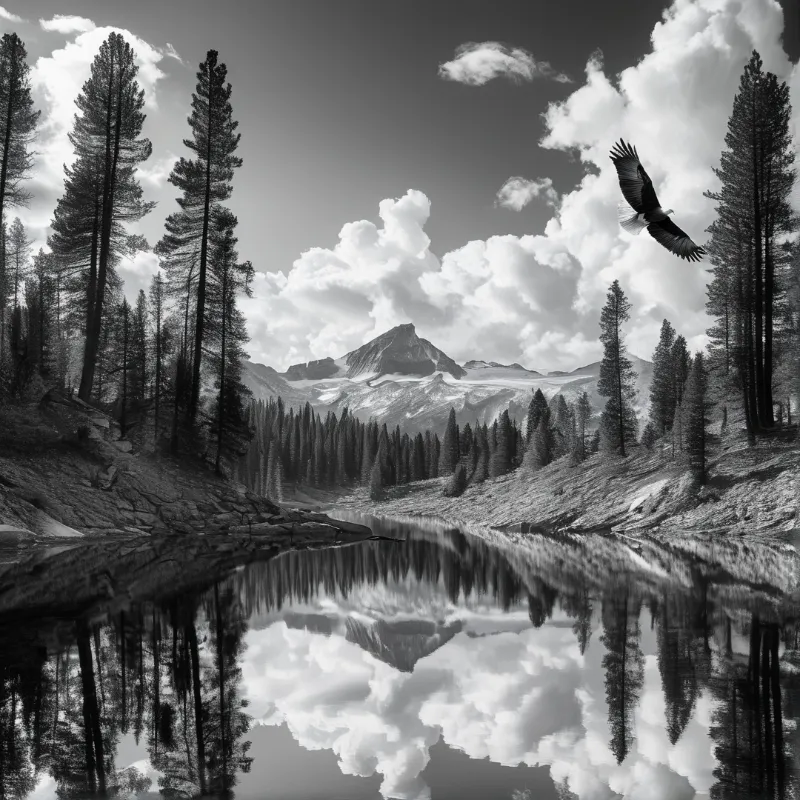 A raptor flies above a still alpine lake mirroring pine forests and a snowy mountain beneath a cloudy sky.