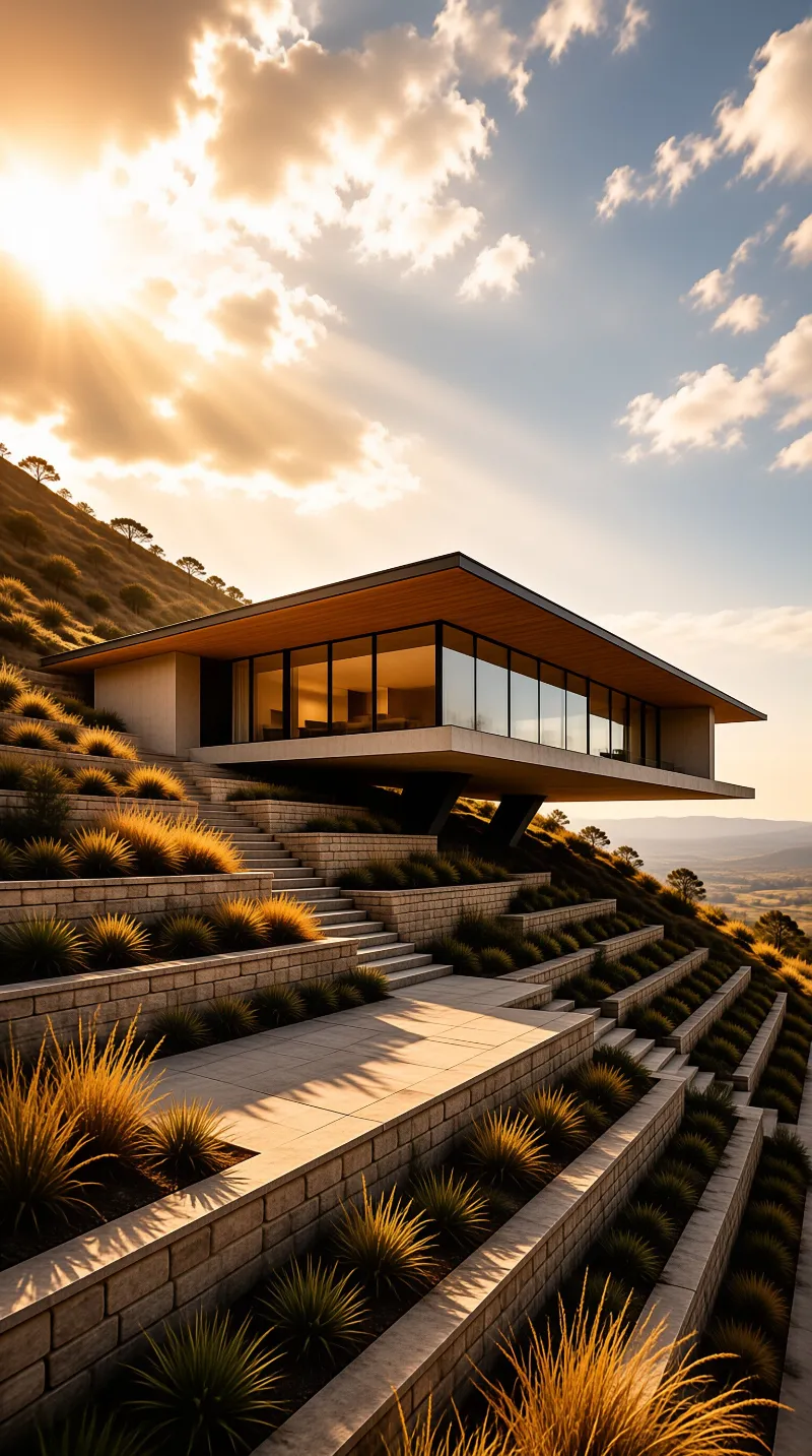 A minimalist cantilevered glass home is set into a terraced grassy slope, bathed in warm late afternoon sun with rays streaming over the hills.