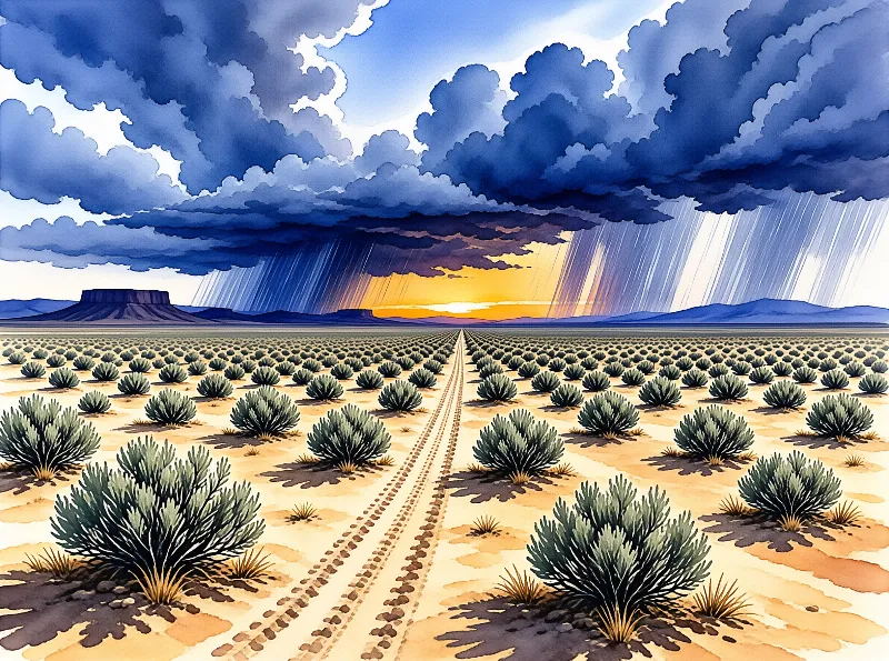 A watercolor painting of a lonely desert track lined with sagebrush, running toward a mesa under heavy rain clouds.