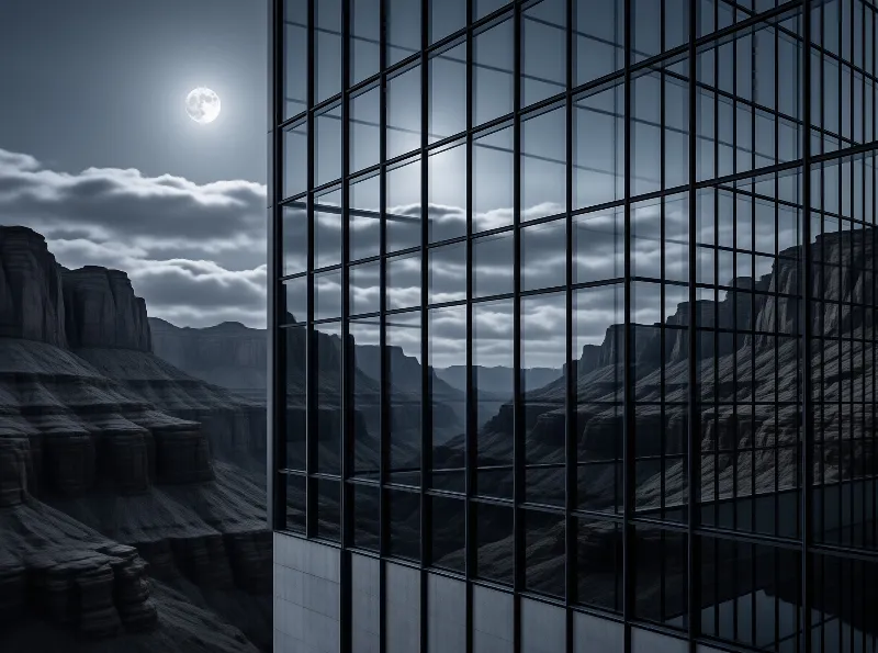 A modern glass structure frames a desert canyon under a bright full moon and cloudy sky.