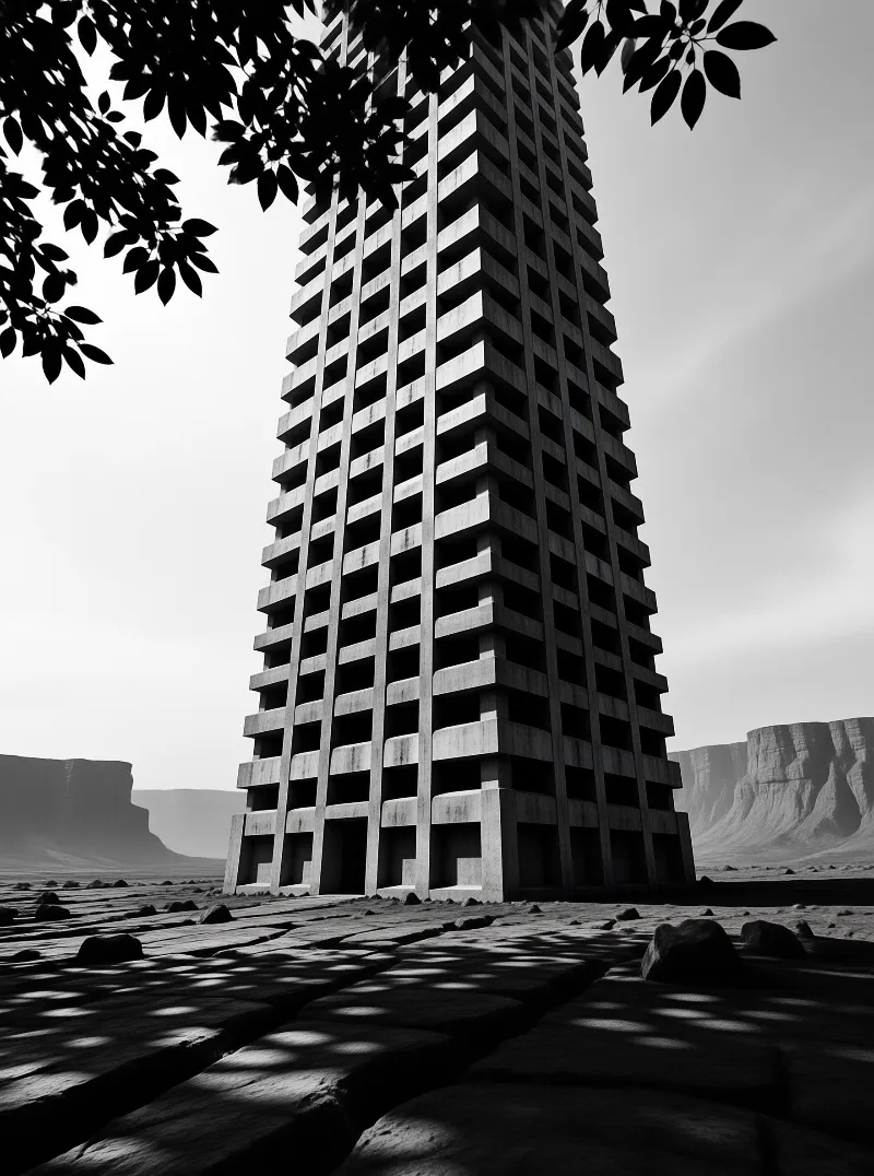 A skeletal high-rise ruin dominates a cracked, rocky plain under a grey sky, framed by dark leaves in the upper left corner.