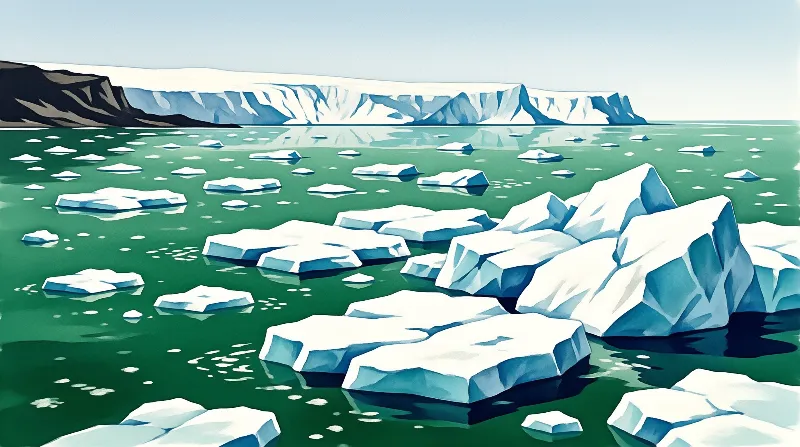 Stylized illustration showing chunks of white ice floating on teal water with snow covered peaks in distance