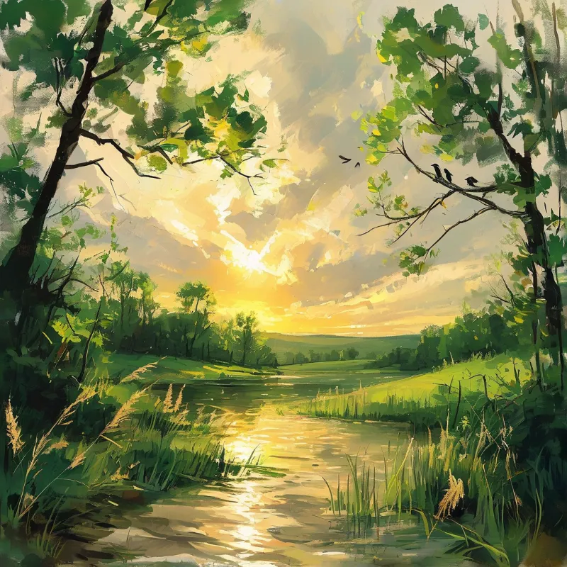 A tranquil river flows through a lush green meadow while the setting sun casts golden light through dramatic clouds.