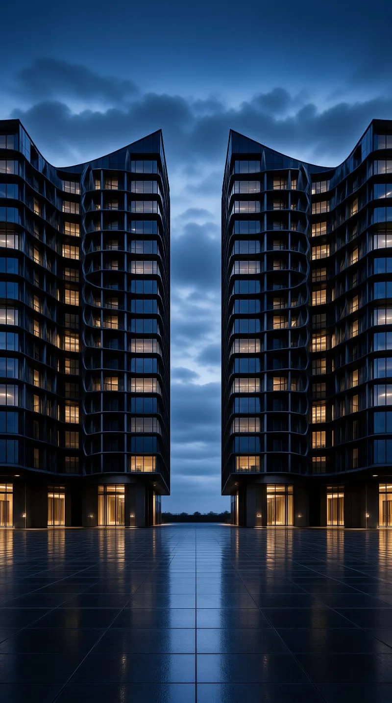 Two dark curved towers with warm lit windows face each other across a wet reflective plaza under a cloudy blue twilight sky.