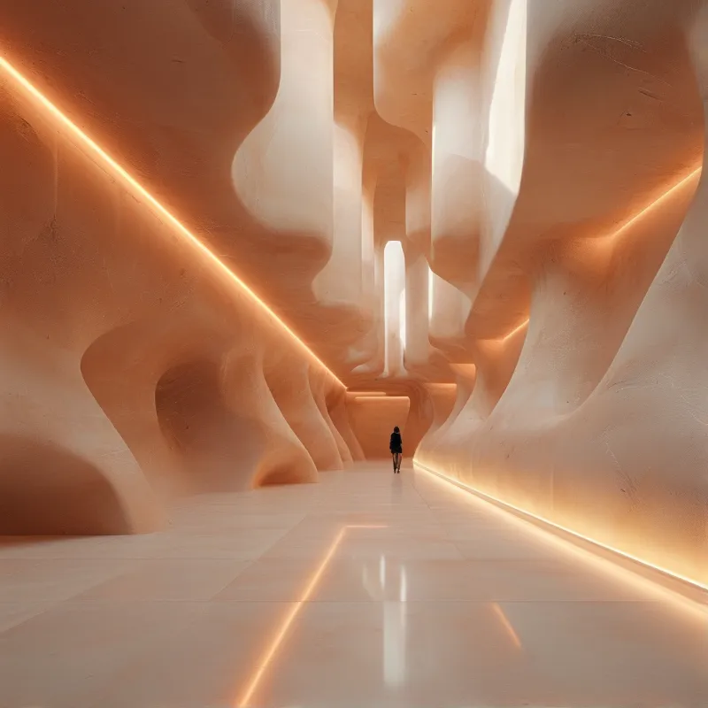 A solitary figure walks away through a vast tunnel with smooth beige walls and warm light strips reflecting on the floor.