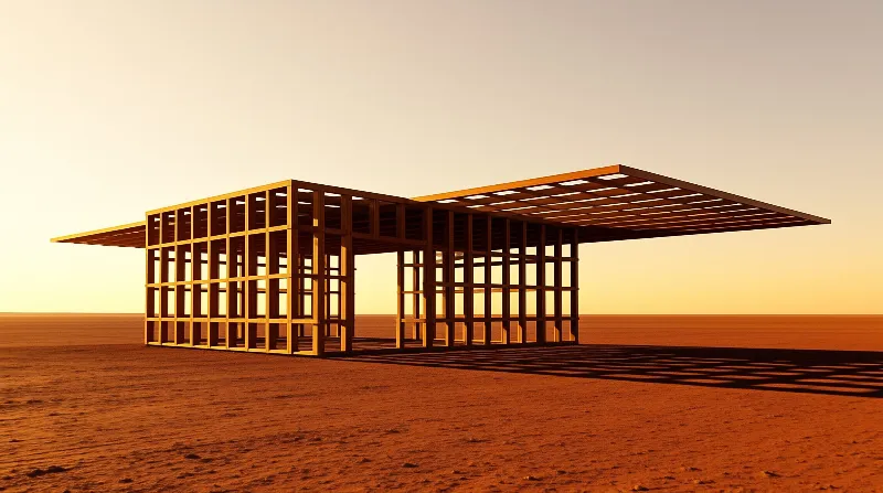 Unfinished wooden frame stands isolated in vast red desert under warm golden sunset sky casting long shadows.