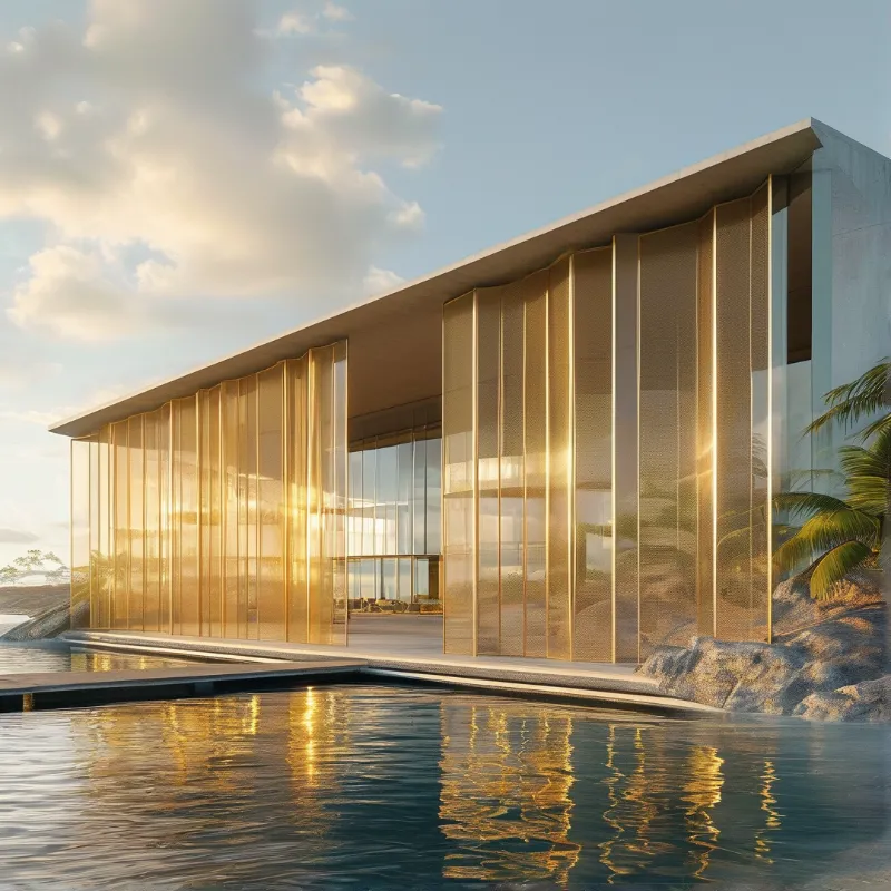 A long contemporary building with vertical amber panels stands beside a calm pool reflecting the warm sunlight.