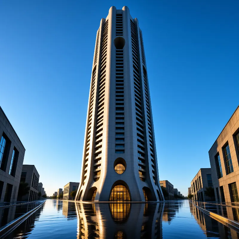 A unique high-rise building with vertical lines and circular windows rises from a large, still reflecting pool.