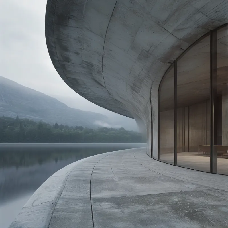 A sweeping concrete cantilever curves over a still lake toward misty forested mountains.