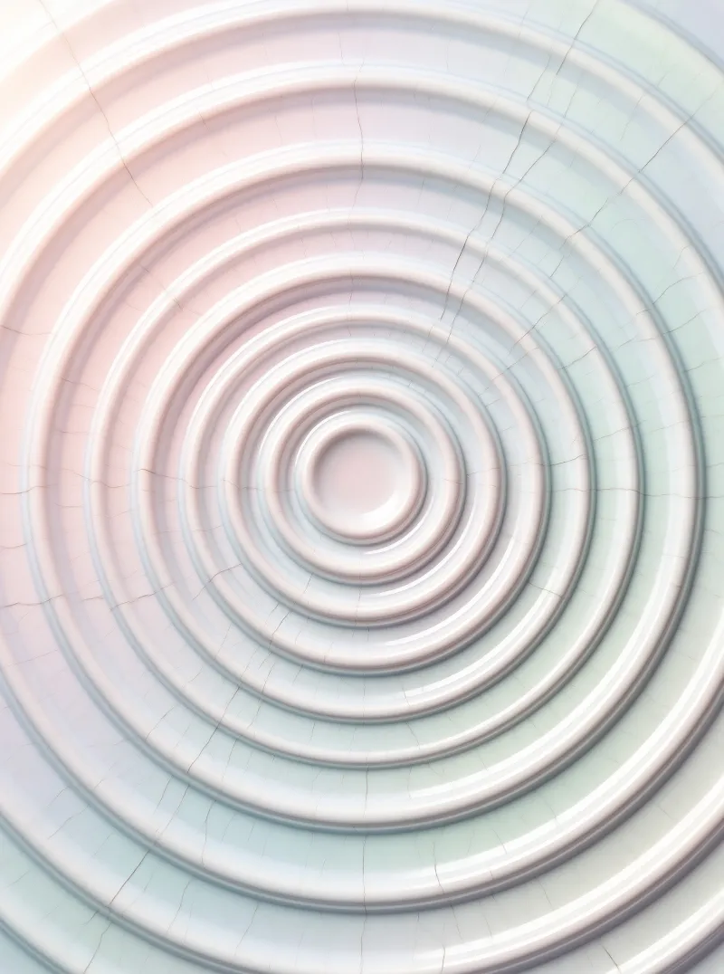Soft pink and mint rings ripple outward across a hairline cracked porcelain surface glowing with pale light.