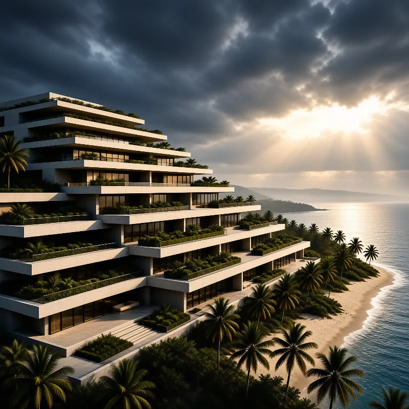 A multi-story hotel with lush green terraces stands next to a shoreline as sunbeams break through dark clouds.