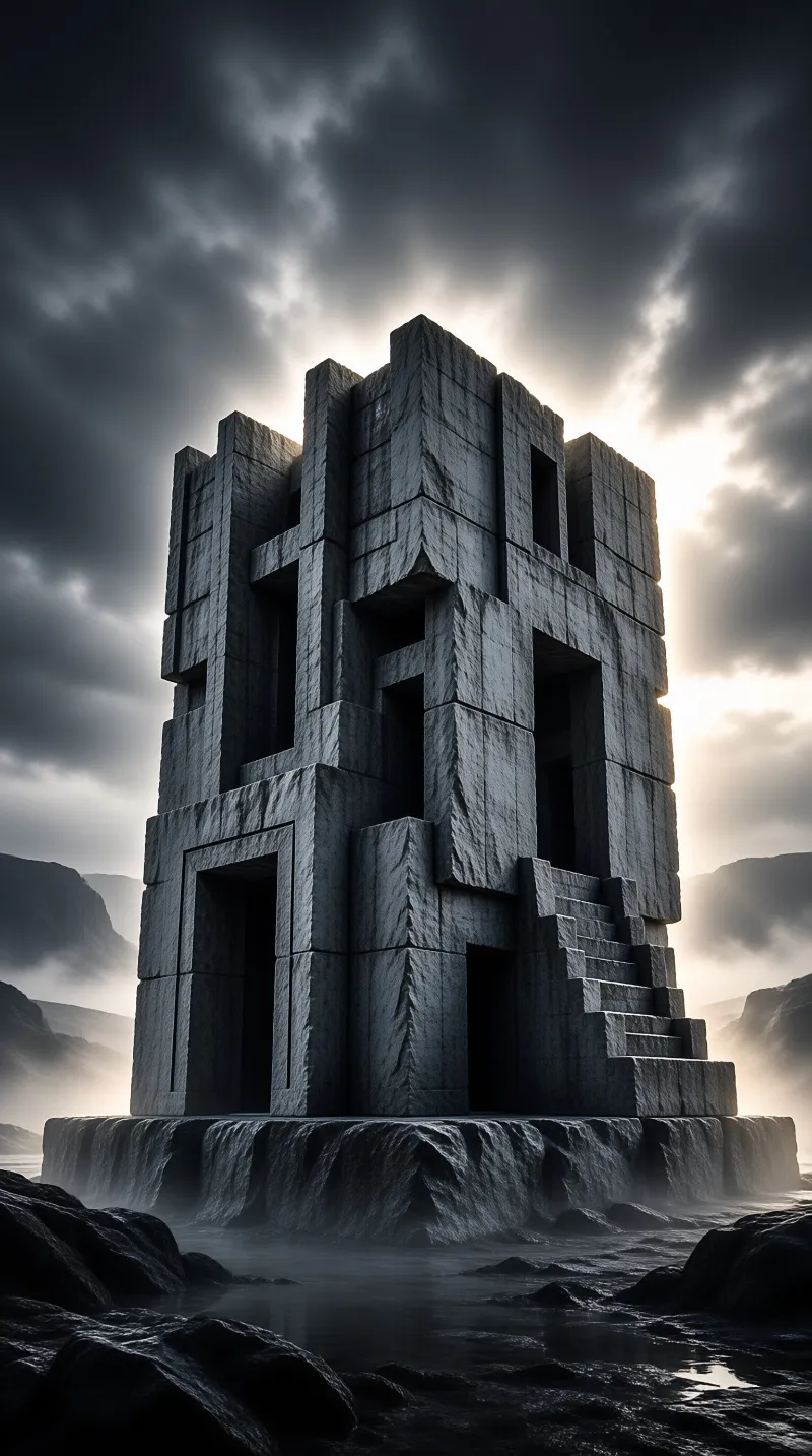 A massive grey stone building sits on a rocky platform surrounded by dark water with sunlight breaking through clouds.