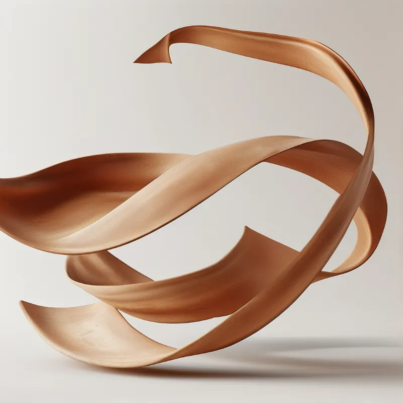 A twisting copper ribbon sculpture floats above a pale surface, casting soft shadows in a neutral studio environment.