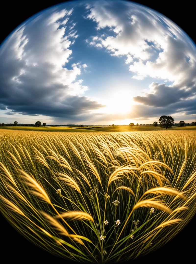 Wheat stalks curve outward under a bright sun and dramatic clouds over a distant rolling landscape.