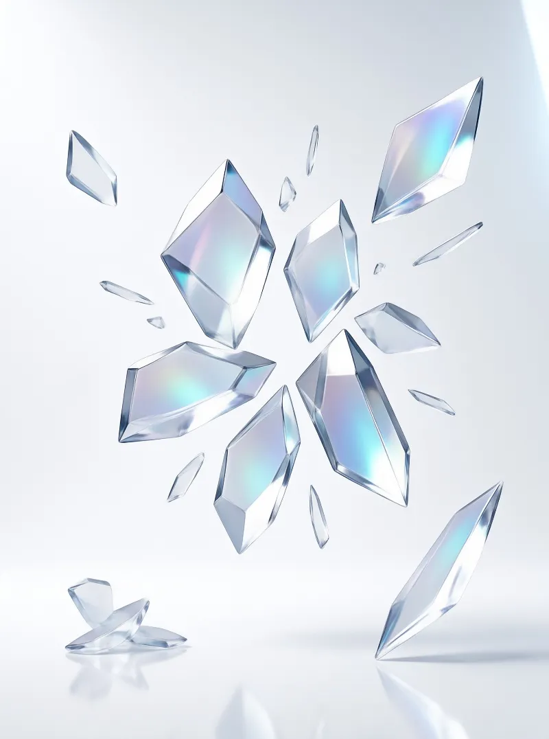 Geometric crystal shards float in a radial burst pattern displaying iridescent refractions on a white background.
