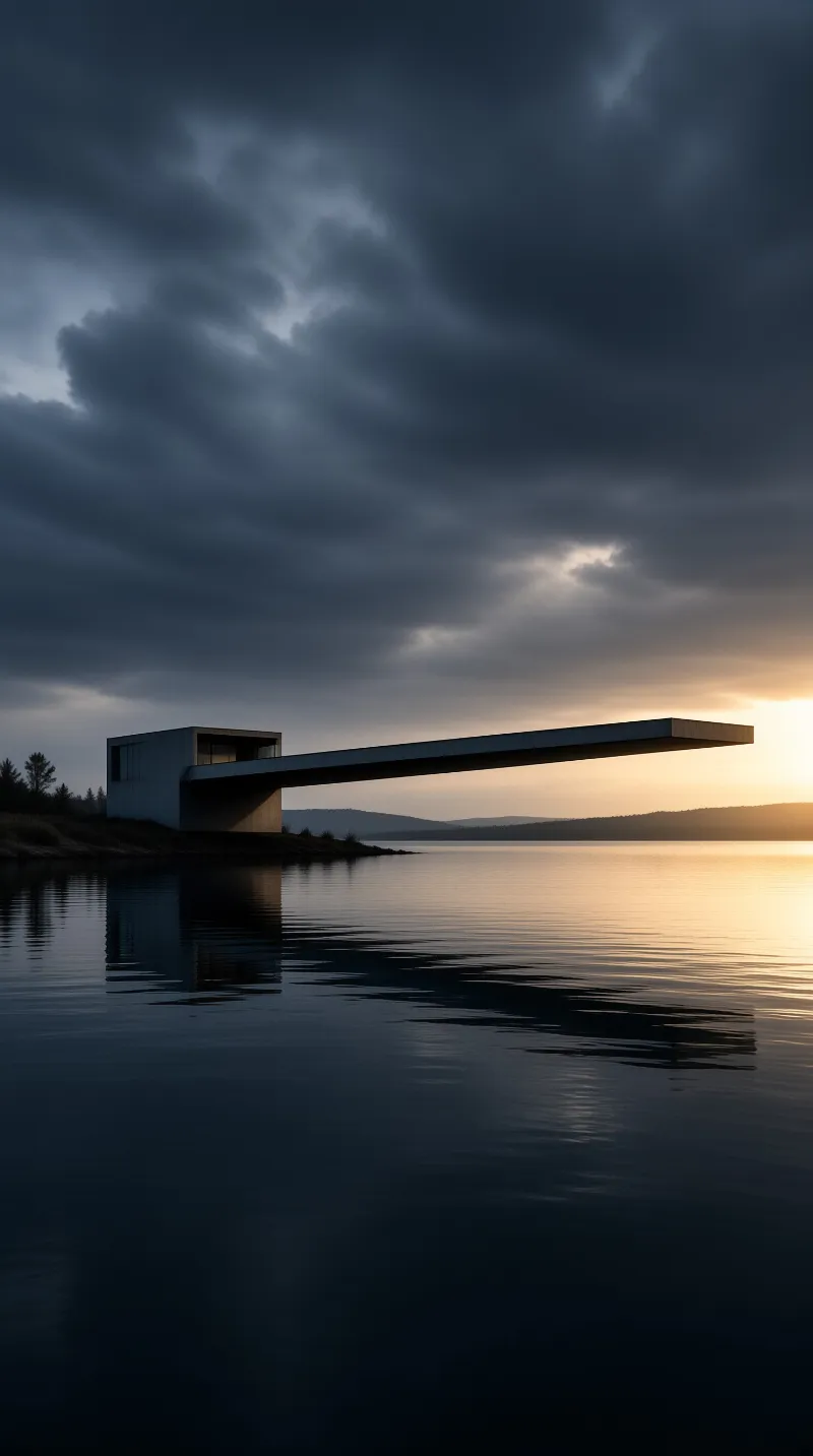 A minimalist concrete villa extends a long flat roof over still dark water as dusk light smolders on the horizon.