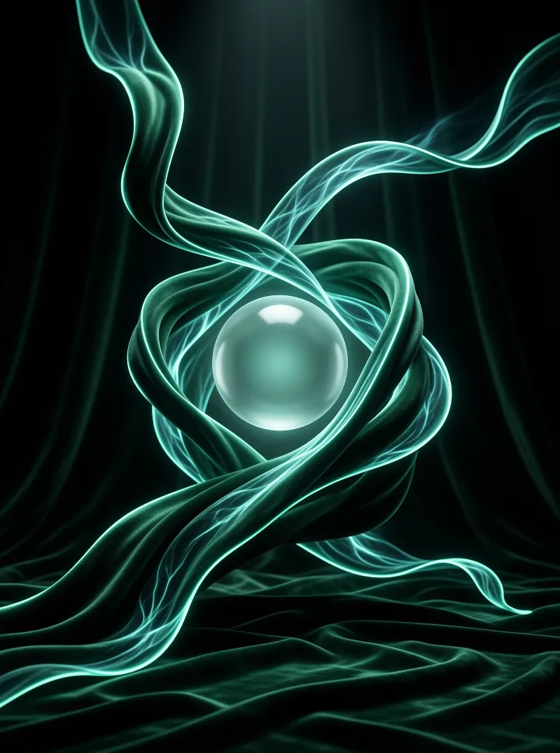 A bright orb sits among dark folds while cyan energy streams spiral tightly around it.