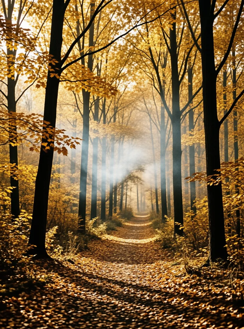 A winding path covered in golden leaves leads through tall trees while morning fog drifts between the dark trunks.
