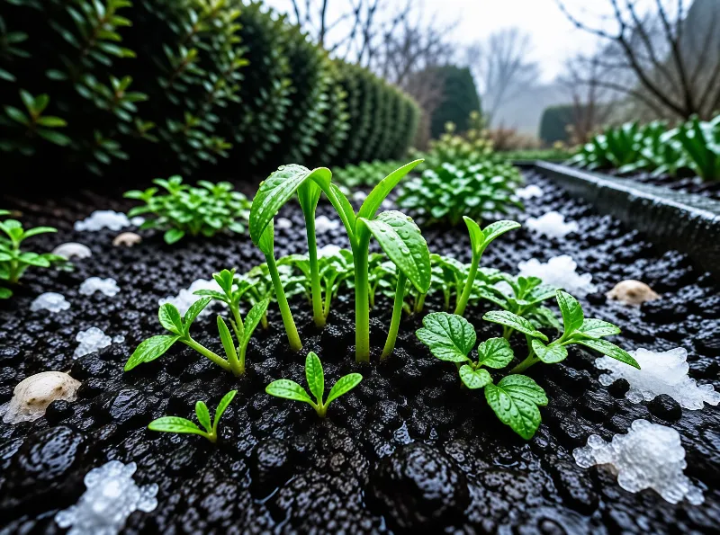 Vibrant green seedlings emerge from dark damp soil dotted with melting ice crystals beneath a cloudy sky.