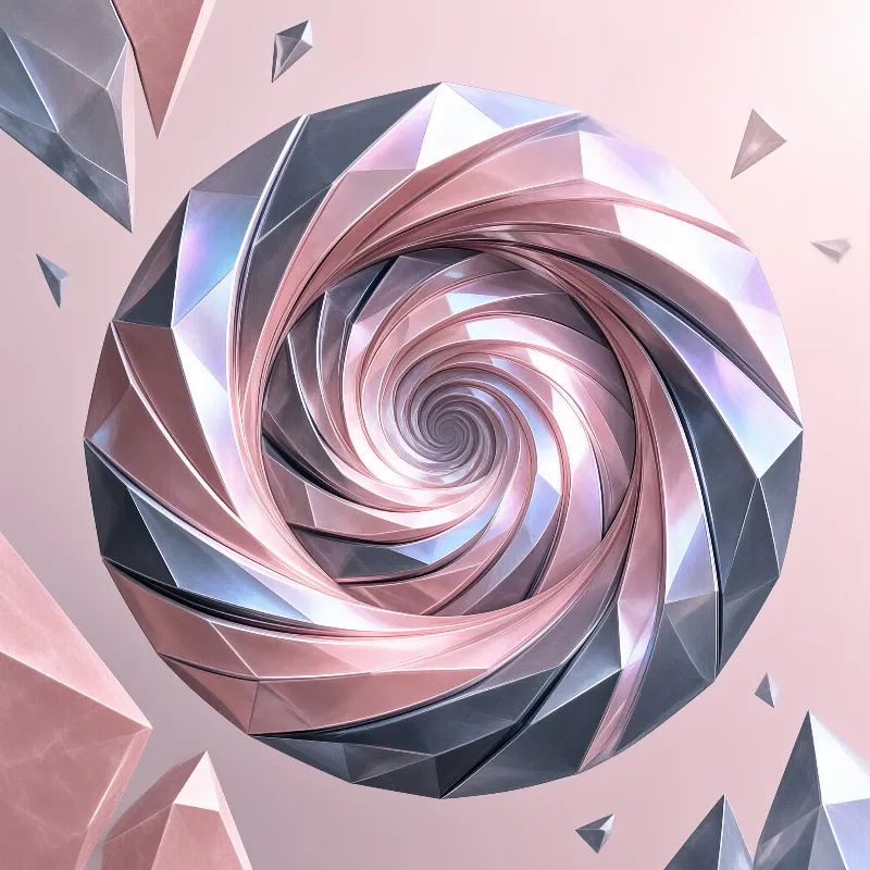 A swirling iridescent spiral floats against a soft pink background with fragmented geometric shards in matching hues