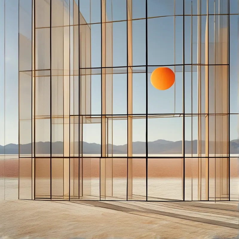 A modern glass grid structure frames a desert landscape with a bright orange sun against a clear sky