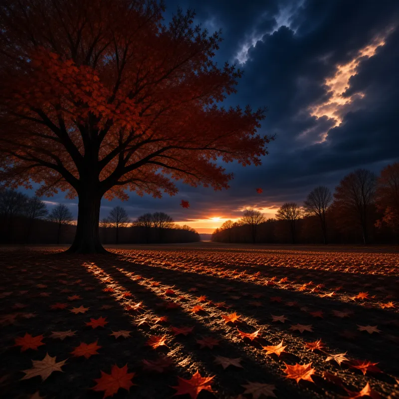 A large maple tree with red leaves stands in a field covered with fallen foliage under a cloudy sunset sky.