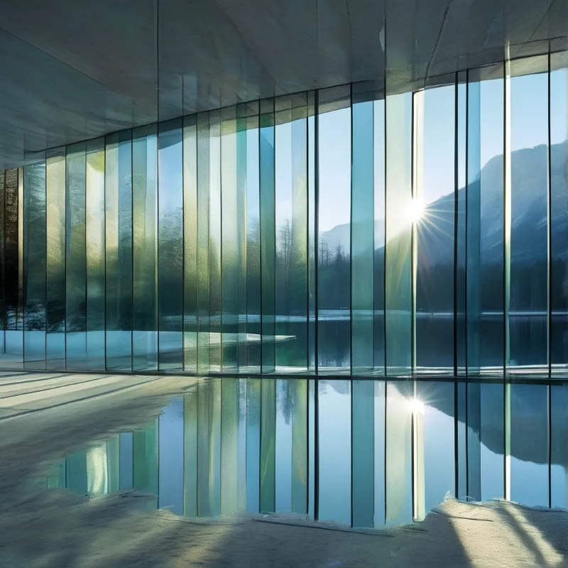 Glass panels reflect a mountain lake landscape as sunlight streams through the structure onto floor and water.