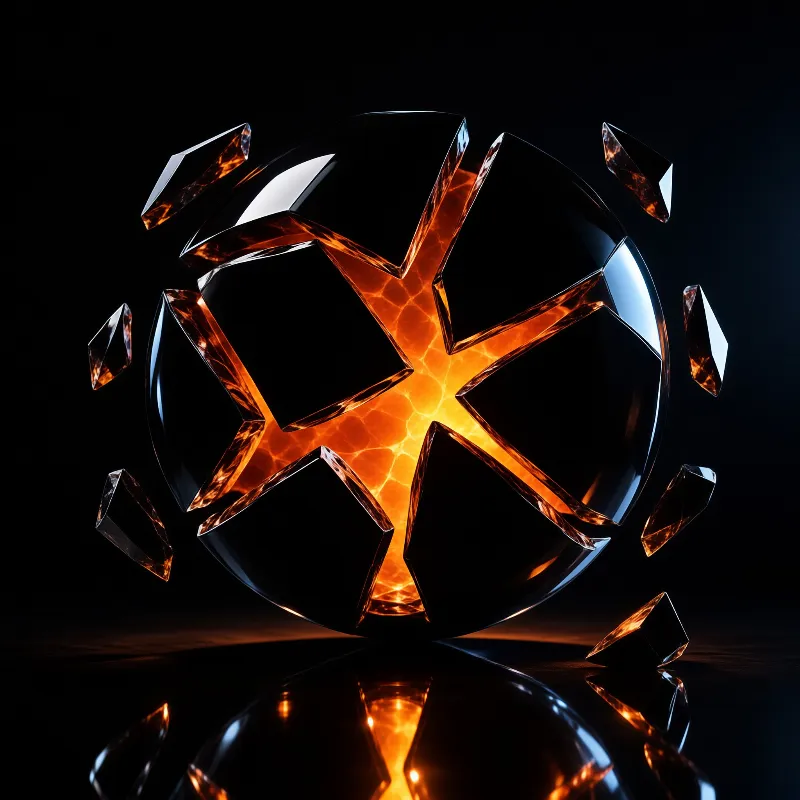 A broken transparent orb releases fiery energy while fragments float against a dark background with a reflection.