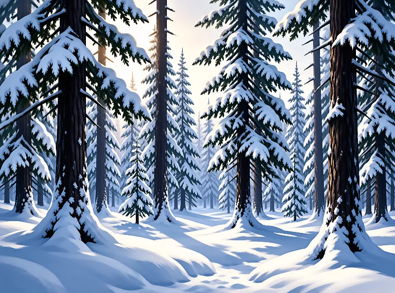 Tall evergreen conifers rise from a deep white snow blanket under a bright winter sky.